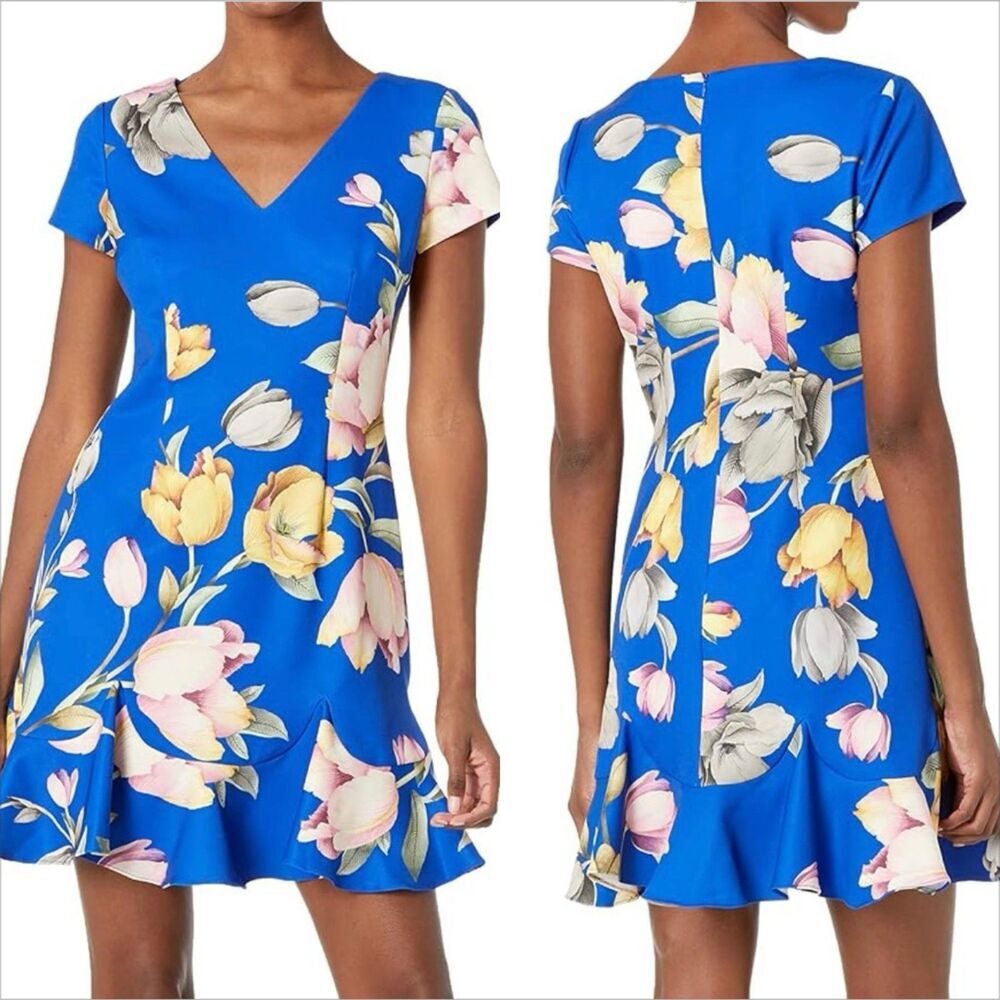 Adrianna Papell Tulip Printed Flounce Dress Size 22W A-Line Floral V-Neck